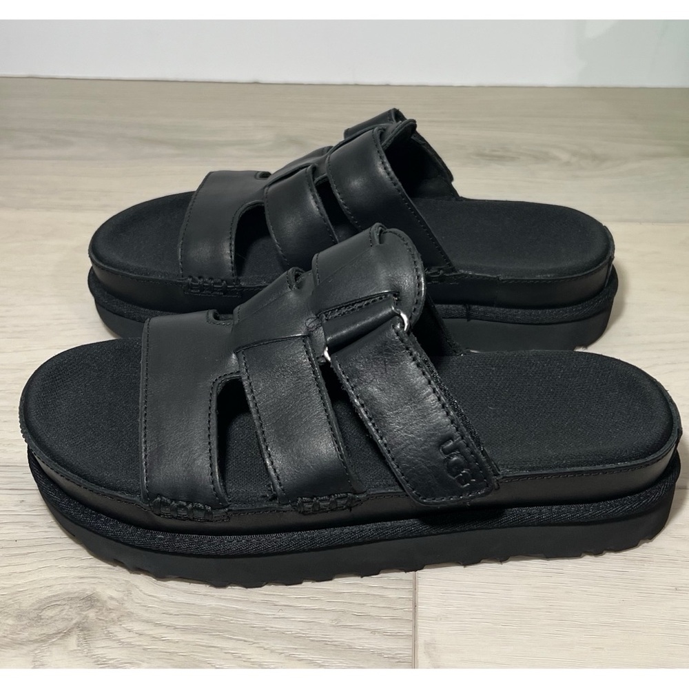 NEW UGG GOLDENSTAR HI SLIDE LEATHER BLACK PLATFORM SANDALS Sz 8 - Picture 4 of 10